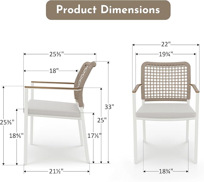 Modern Shade Riviera Outdoor Dining Chairs Set of 6, Fade Resistant, All-Aluminum Woven Rope Outdoor Chairs with FSC Teak Wood Armrests, Weather-Resistant Patio Chair with Quick Dry Cushion, Beige