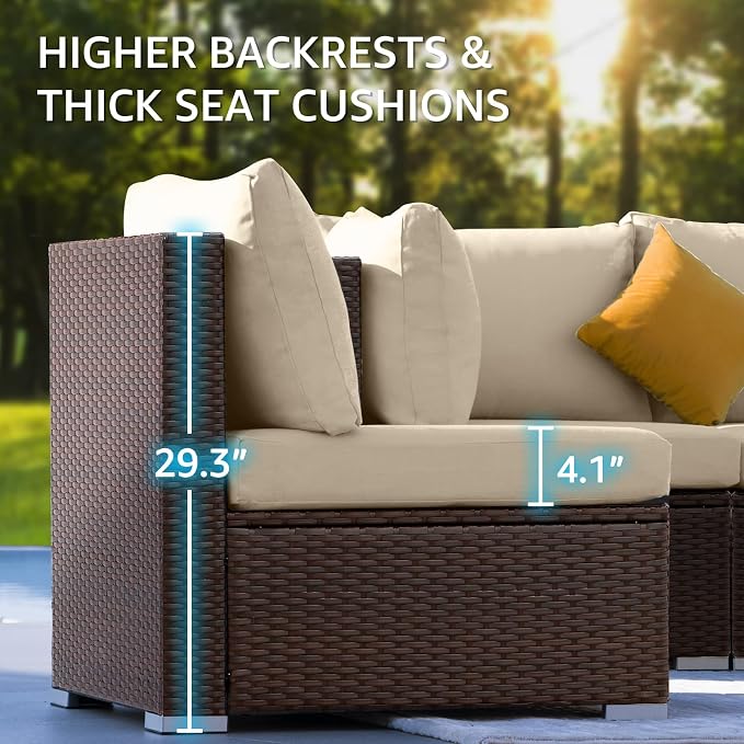 NICESOUL 11 Piece Outdoor Furniture Set with Natural Gas/Propane Firepit, Luxury 10-Seater Patio Sectional, 29.3'' High-Back Backyard Seating, All-Weather Rattan Couch Set for Deck, Brown & Beige