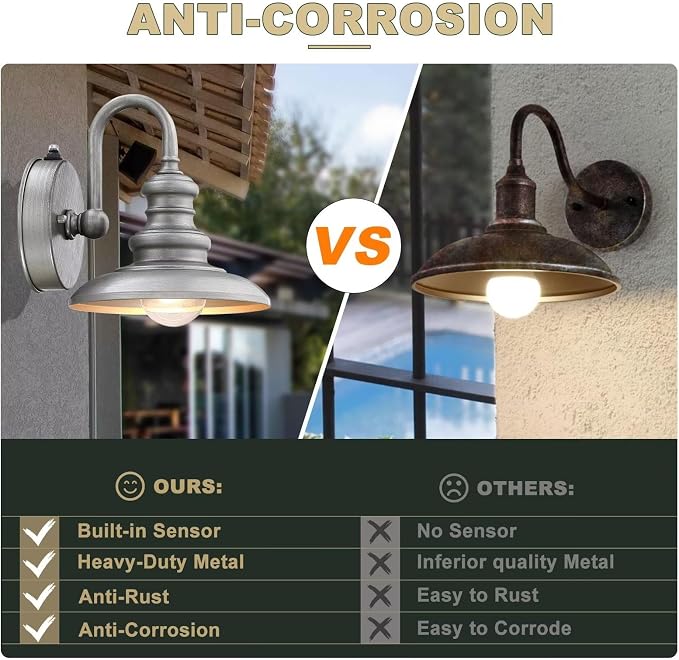 Dusk to Dawn Sensor Outdoor Gooseneck Barn Light Fixture Silver | Exterior Wall Sconce Lighting Waterproof Outside Porch Lantern Rustic Farmhouse Wall Mount Lamp for House Garage Patio
