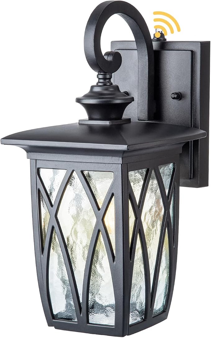 JYZ Dusk to Dawn Outdoor Wall Lantern, Craftsman Style Exterior Sconce Light with Water Ripple Glass, Traditional Porch Light Fixture Wall Mount Lamp for Front Porch Doorway Garage Patio Garden 14''