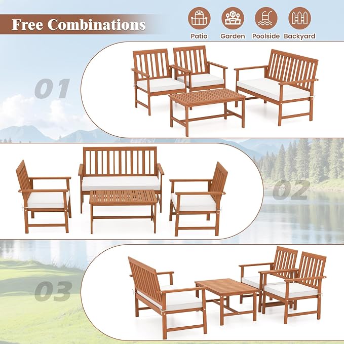 Tangkula 4-Piece Acacia Wood Patio Conversation Set, Outdoor Furniture Set with 2 Armchairs, Loveseat, Coffee Table, Soft Cushions, Slatted Sofa and Chairs Set for Deck, Backyard (Off White,1)