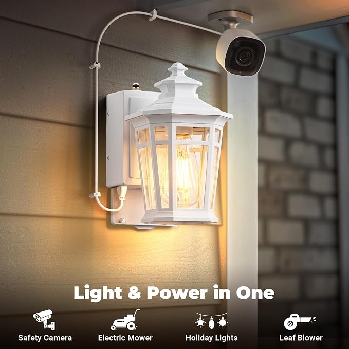 Gleamz Porch Lights Outdoor with GFCI Outlet, White Dusk to Dawn Outdoor Lighting, Exterior Lighting Fixtures Wall Mount, Anti-Rust Coach Light for Garage, Patio, 100% Aluminum, Waterproof, E26 Socket