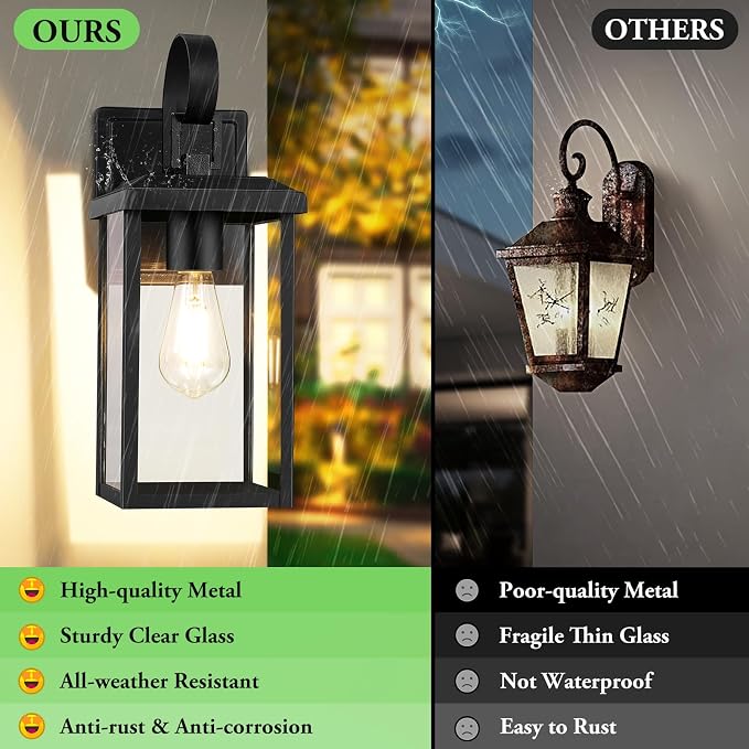 BesLowe 2-Pack 15” Outdoor Wall Light Fixtures, Black Modern Porch Sconces | Waterproof, Rust-Resistant, Durable Metal with Clear Glass, Standard E26 Socket, Easy to Install