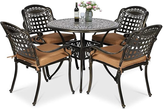 VIVIJASON 5-Piece Patio Furniture Dining Set, All-Weather Cast Aluminum Outdoor Conversation Set, Include 4 Cushioned Chairs and a 35.4" Round Table w/Umbrella Hole for Balcony, Lawn, Garden, Backyard