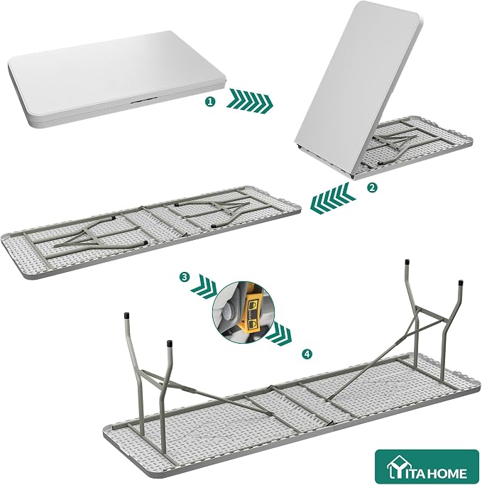YITAHOME 8FT Folding Tables, Heavy Duty Folding Table with Carrying Handle, Plastic Fold up Table for Outdoor Camping Picnic Parties/Indoor Events, White