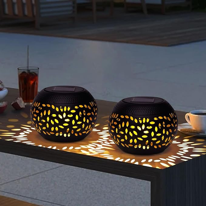 Solar Table Light Outdoor Waterproof Decorative 2pack Solar Table Lantern | Hollowed-Out Black Metal Desktop Decorative Lamp for Women Mother's Day, Outside Garden Yard Patio & Indoor Tabletop Decor