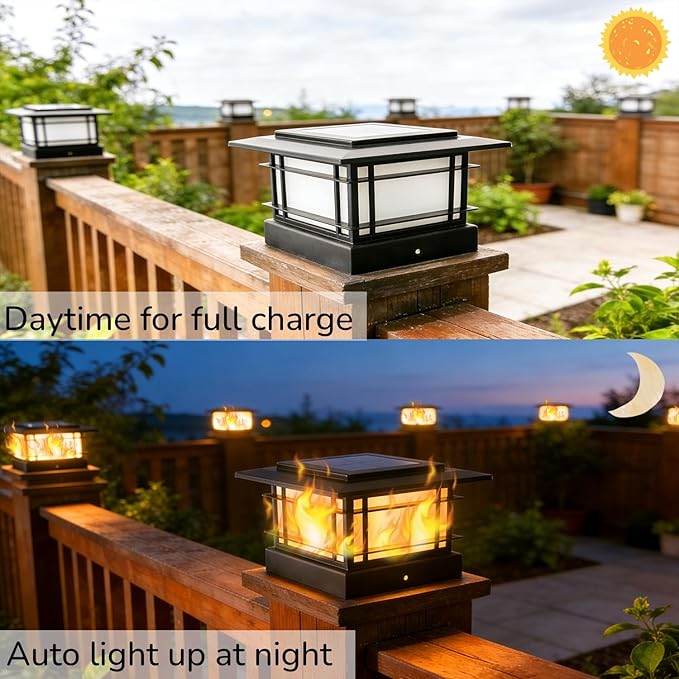 Dynaming 4x4 Solar Post Cap Lights Outdoor with Flickering Flame Light, 2 Pack Black Shell Fence Post Solar Lights Fit 4x4 Vinyl/Wooden Posts, Brightness LED Lighting Decor for Garden Deck Patio