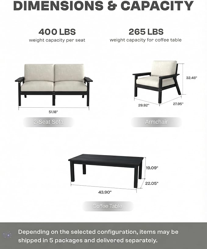 HDPE 5 Piece Patio Furniture Set, Outdoor Couch with Washable Thick Beige Cushions & Coffee Table, Outdoor Sectional Furniture for Backyard, Deck, Lawn, Porch (Black Frame)