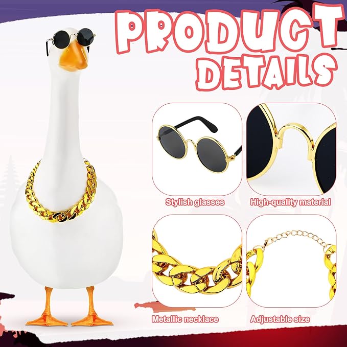 Shyyween Chain Collar and Sunglasses Porch Goose Outfits for Plastic Goose 23"/ 17'' Lawn Geese Statue Sunglasses Collar for Garden Geese Retro Pet Cosplay Party Yard (Gold,No Rhinestone)