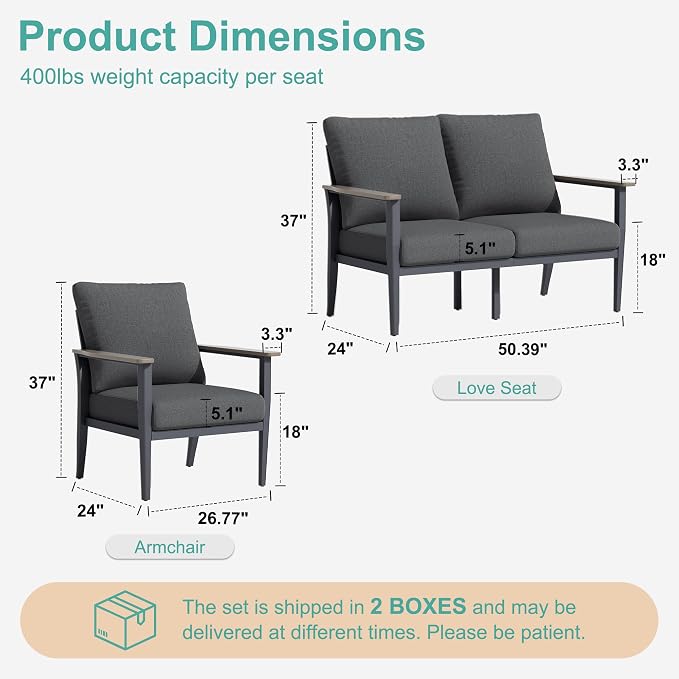 Aluminum Outdoor Patio Furniture Set 4-Seat, Patio Conversation Set Sectional Furniture Set with High Backrest & Thickened Cushions for Garden, Backyard, Poolside, Dark Grey