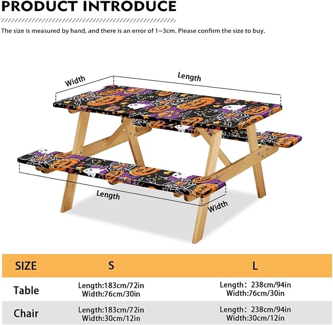 Halloween Picnic Table Bench Tablecloth Covers 3PCS Fitted Picnic Table Cover with Elastic Edges, Waterproof Table and Bench Cloths for Summer Outdoor Camping