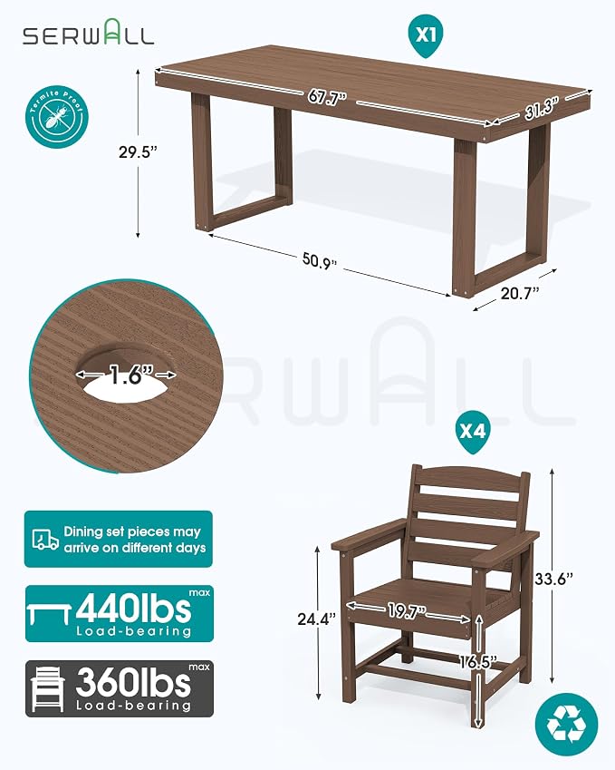 SERWALL HDPE Outdoor Dining Set for 4, 67'' Patio Table and Chairs Set | with Armchair Seat