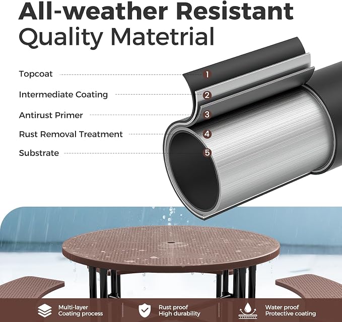 83" Round Heavy Duty Picnic Table for Outdoors Commercial Camping Table with Umbrella Hole up to 1.78" Brown Coated Steel Frame Waterproof Rust Resistant 3200 lbs Load Capacity