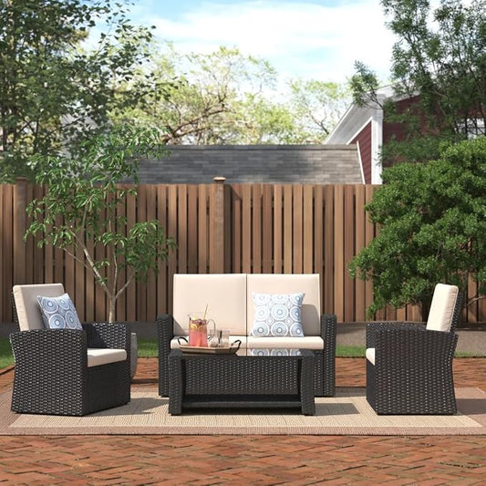 Shintenchi 4 Piece Patio Furniture Set, Outdoor Rattan Conversation Set with Coffee Table, Outside Wicker Sectional Sofa Couch with Cushion, Black