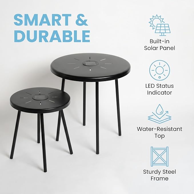 2-Pack Solar Powered Nesting Round Side Table Set, Waterproof Powder-Coated Metal End Table with Solar LED Indicator, Stackable Indoor Outdoor Patio Accent Table for Backyard Garden Balcony Bedroom
