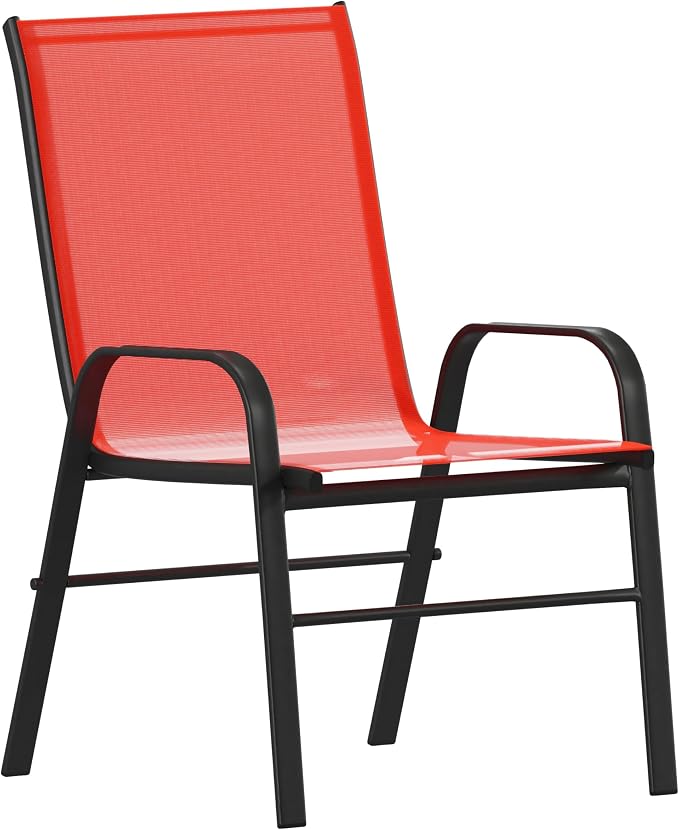 EMMA + OLIVER Bartlett 7-Piece Outdoor Dining Set, Patio Table with Tempered Glass Top and Umbrella Hole, 6 Flex Comfort Textilene Stack Chairs, 60", Red/Black