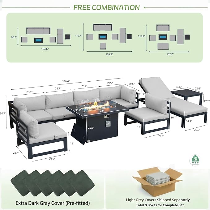 RADIATA 9 Piece Large Contemporary Aluminum Outdoor Furniture Set with Sun Bed & Fire Pit Table, 29 inch Deep Couch Set, 500 lbs High Weight Capacity, Patio Sectional Sofa for Poolside, Light Gray