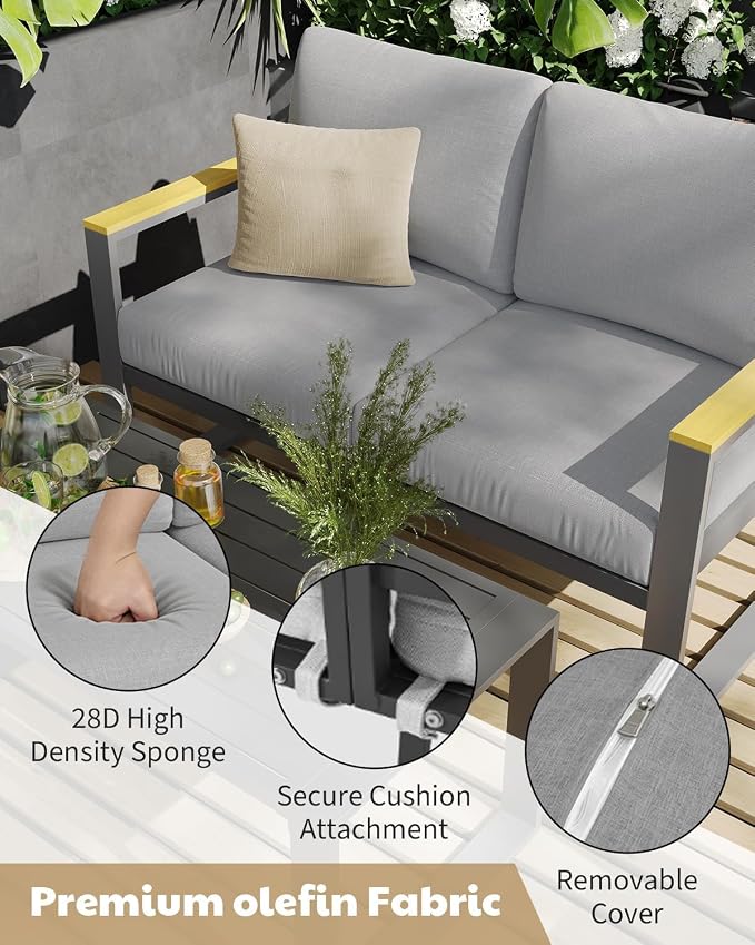Aluminum Patio Ottoman Set of 2 - Outdoor Footstools with Cushions - Small Metal Garden Chairs - Ideal for Balcony, Deck, Backyard - Outdoor Furniture, Grey