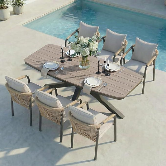 SUNSITT 7 Piece Outdoor Patio Dining Set, Patio Dining Furniture Set with 87” Aluminum Dining Table w/X Base Legs and 6 Woven Wicker Patio Chairs w/Curved Backrest for Garden, Dark Grey