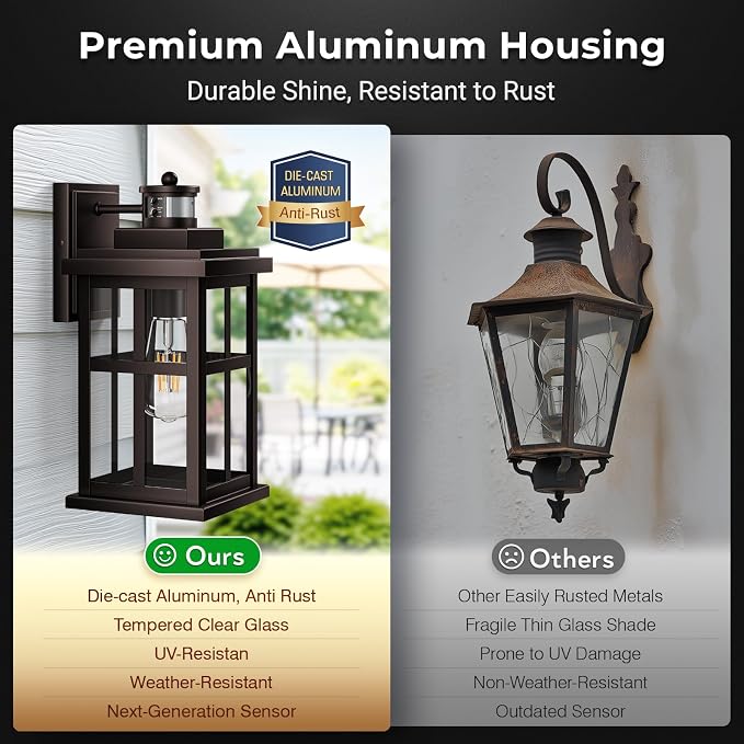 Large Motion Sensor Exterior Light Fixture, Bronze Dusk to Dawn Outdoor Wall Lights, Waterproof Exterior Lights for House, Porch, Doorway, Garage, 100% Aluminum