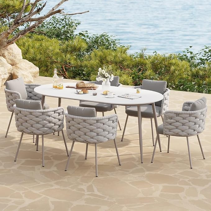 7-Piece Outdoor Dining Set - 70.9'' Sintered Stone Top Dining Table with 6 Rope Woven Armchairs, Aluminum Frame, and Cushions for Patio, Garden, and Outdoor Dining