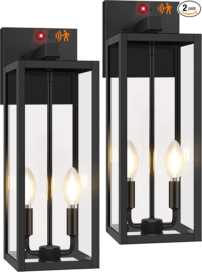 2-Pack 18” Large Upgraded Motion Sensor Outdoor Wall Lights, Black | Auto ON/OFF, 3 Lighting Modes, Waterproof, Rust-Resistant, Durable Metal with Clear Glass, Dual E12 Sockets, Easy to Install