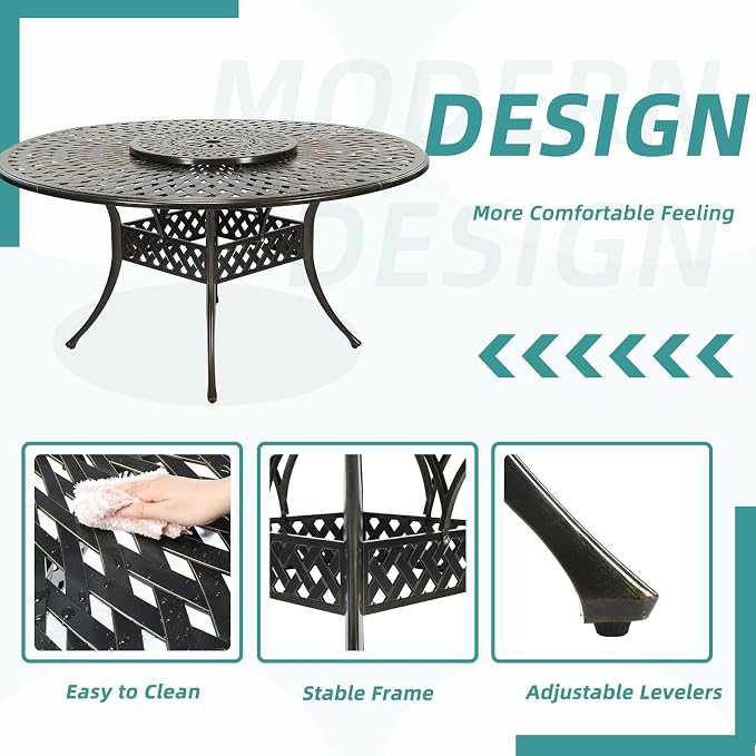 MEETWARM Outdoor 61" Round Patio Dining Table with Detachable Lazy Susan, All Weather Cast Aluminum Large Patio Furniture Table Set for 8 Seat with 24" Rotating Tray, Umbrella Hole, Dark Bronze