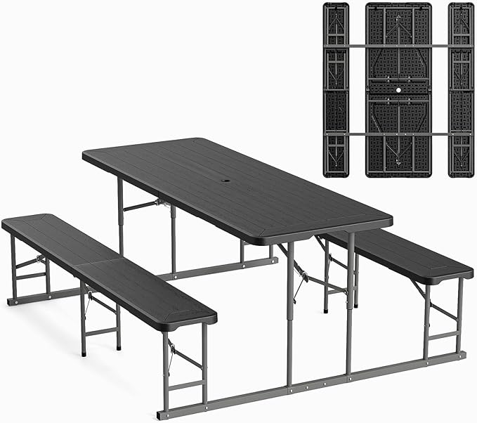 VINGLI Folding Picnic Table and Bench Set, Portable Outdoor Dining Furniture for Camping, Patio, Backyard, Wood Grain Plastic Top with Metal Frame （Black）