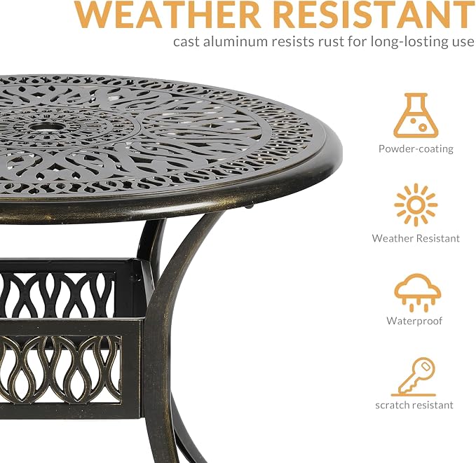 3-Piece Outdoor Patio Dining Set, All-Weather Cast Aluminum Patio Furniture Set for Backyard Garden Deck with 2 Cushioned Chairs and 35.4” Round Table, 2" Umbrella Hole, Chili Red