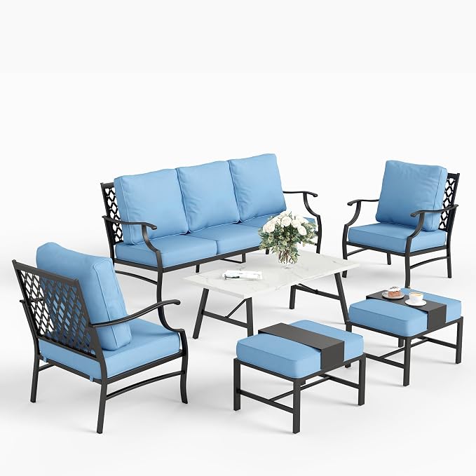 SUNSHINE VALLEY 6 Piece Metal Outdoor Patio Furniture Set, Patio Conversation Sets 1 3-seater Sofa, 2 Fixed Chairs, 2 Ottomans with 5.75" Thick Cushion and Coffee Table, Black Backyard Furniture, Blue