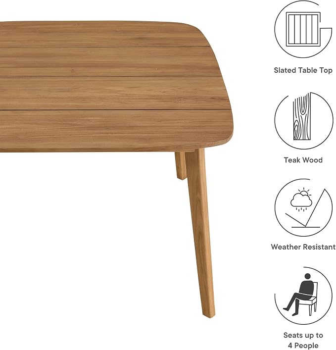 Modway Vienna Outdoor Patio Teak Wood 46 Inch Square Dining Table in Natural – Weather-Resistant Breakfast Table with Rounded Corners – Bistro Table for 4 People – Small Outdoor Dining Table
