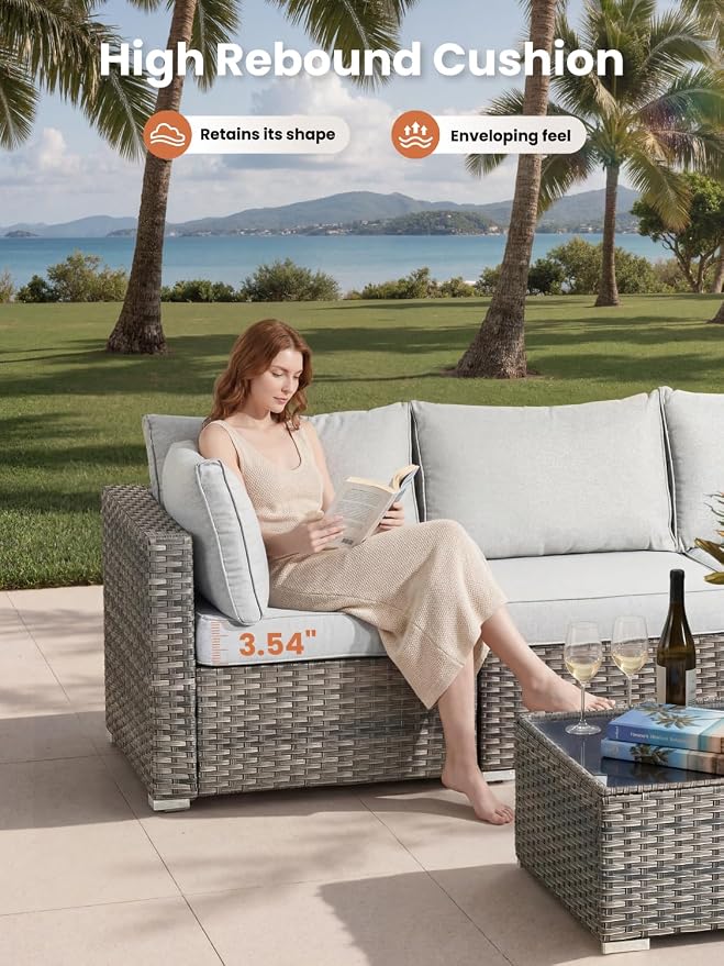 ovios Outdoor 9 Piece Coversation Set with Swivel Rocking Chair,Sectional Patio Furniture Set with All-Weather Wicker Sofa,Modern Outside Couch for Balcony Backyard Pool, Grey