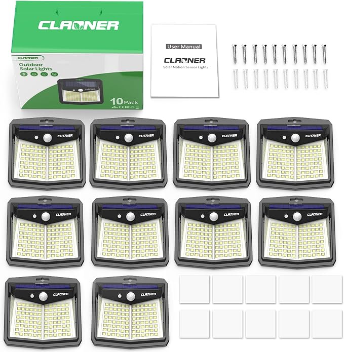 CLAONER Solar Lights Outdoor, [128 LED/10 Packs] Motion Sensor Lights 3 Working Modes for Outdoor with 270° Wide Angle Wireless IP65 Waterproof Security Light for Fence, Patio, Cold White