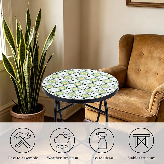 14 Inch Mosaic Patio Side Table with X-Curved Legs, Indoor Outdoor Accent Round End Table with Ceramic Tile Tops for Yard, Garden, Living Room, Bistro, C - Granny Square
