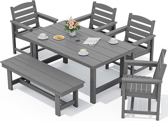 SERWALL 6 Pcs HDPE Dining Set, Includes 1 Table, 1 Bench & 4 Chairs, Gray | Outdoor Dining Set with Bench, All-Weather Resistant SERWALL Dining Set for patio