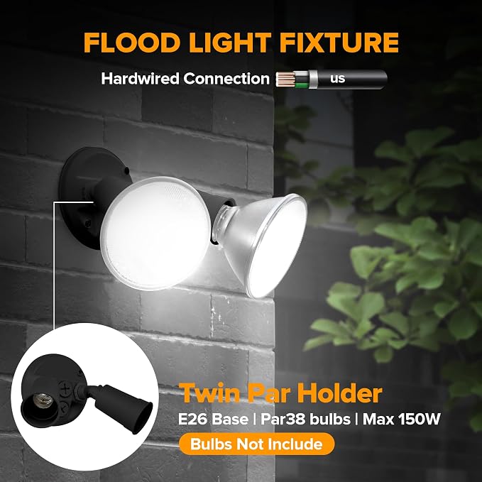 LUTEC 6 Pack Adjustable Twin Par Holder Outdoor Flood Lights, Switch Controlled Security Lights, Floodlights Fixture, Waterproof Exterior Max 300 Watt Par38 Flood Light for Garage, Yard, Porch-Black