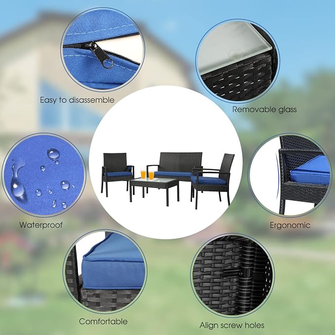 4 Piece Outdoor Patio Furniture Set, Rattan Patio Conversation Set | Thick Polyester Cushions, Tempered Coffee Table, Steel Frame Easy Assembly, Suit for Backyard Porch Poolside Balcony, Blue