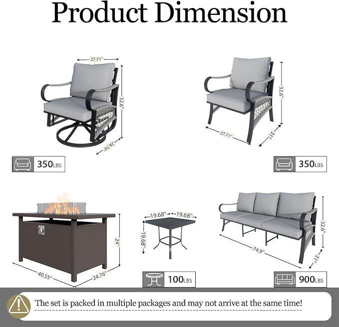 11-Piece Outdoor Furniture Set, Metal Swivel Rocking Chairs with All-Weather Cushions, Patio Conversation Set with Fire Pit Table for Deck, Porch, Garden, Backyard, Poolside (Gray Cushions)