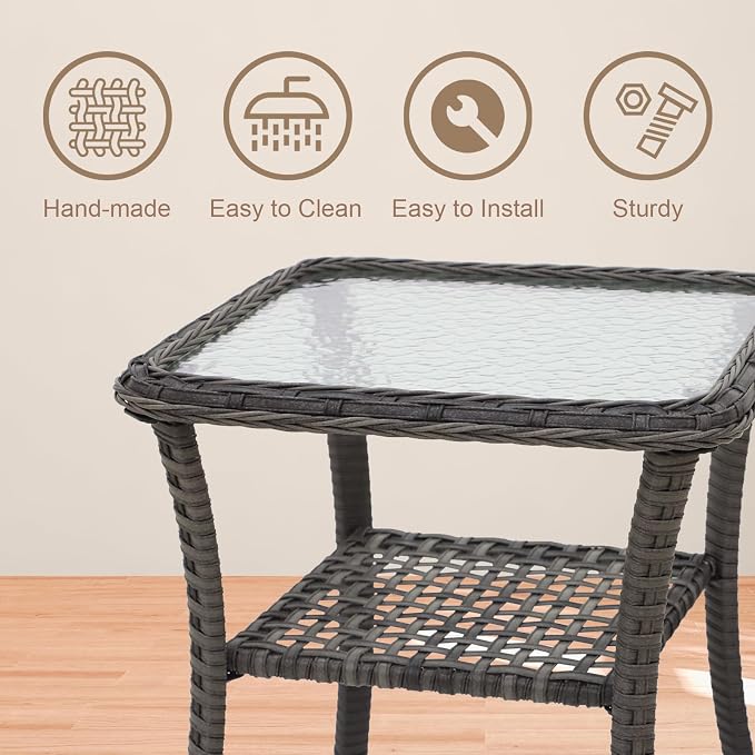 COOS BAY PE Rattan Outdoor Side Table, Tempered Glass Top Coffee Table for Garden, Lawn, Deck, Backyard, Stonewash Gray