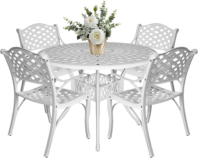 Patio Dinning Set Weather Resistant Cast Aluminum Patio Furniture Set with Umbrella Hole, Bistro Dining Set for Garden (42" x 42" Table D and 4 Chairs White, 5 Pieces)
