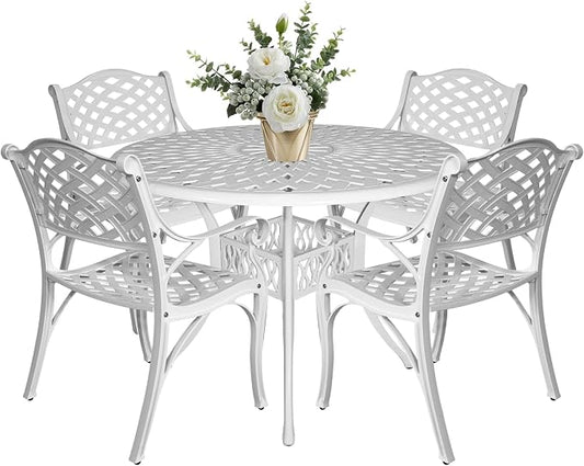 Patio Dinning Set Weather Resistant Cast Aluminum Patio Furniture Set with Umbrella Hole, Bistro Dining Set for Garden (42" x 42" Table D and 4 Chairs White, 5 Pieces)