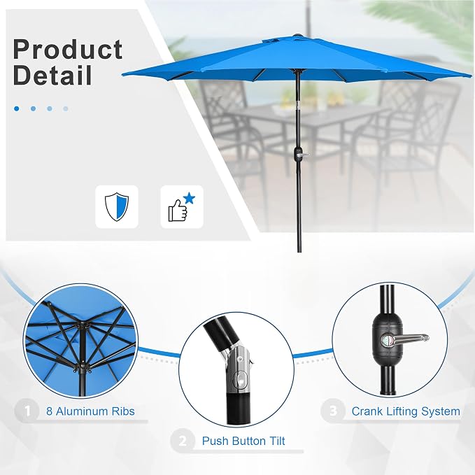 Crownland 5 Piece Patio Dining Set, Textilene Dining Sets, 4 Textilene Metal Chairs and Square Outdoor Dining Table with Sky Blue 9FT Round Outdoor Umbrella (Grey)