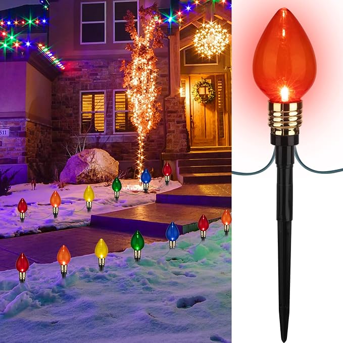 C9 Christmas Pathway Lights Outdoor, 17.4Ft 10 LED C9 Pathway Lights | Connectable C9 Walkway Lights, Waterproof Christmas Lights Outdoor for Walkway Yard Lawn Ground Sidewalk Driveway Decorations