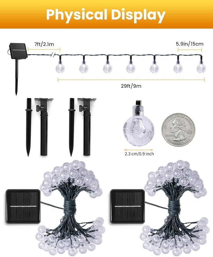 Brightown 2-Pack 120 LED 72 FT Solar String Lights Outdoor, Waterproof Solar Powered Patio Lights with 8 Lighting Modes for Garden Yard Porch Wedding Party Decor (Pure White)