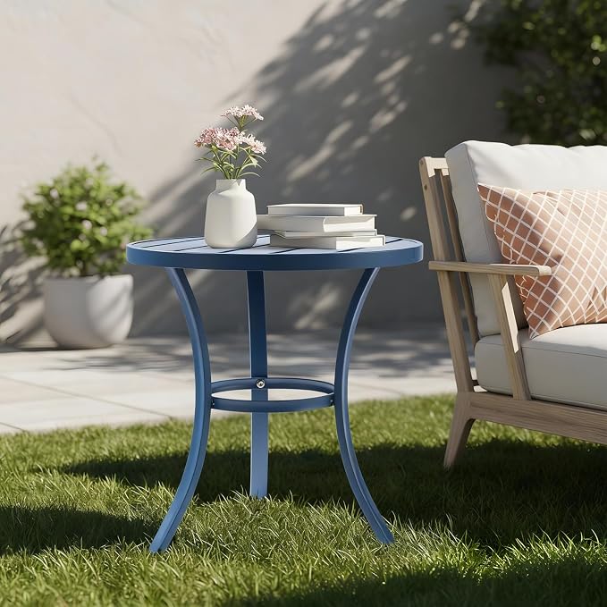 Outvita Outdoor Round Side Table, Small Metal End Table Black Coffee Table for Patio Lawn Garden Living Room Bedroom Sturdy (Single Layer, Navy Blue)