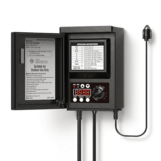 Low Voltage Transformer 120W Outdoor Lighting Transformer for Landscape Lights with Photo Eye Sensor and Timer 120V AC to 12V AC 9920-9120-01