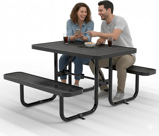 Commercial Heavy-Duty Metal Picnic Table - ADA Compliant, Adjustable Seats, Umbrella Hole (Black, 4' Rectangular, Punched Steel)