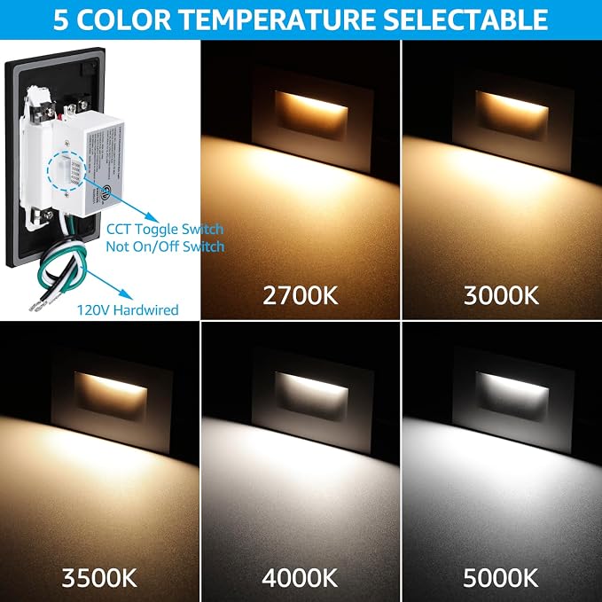 LEONLITE 12-Pack 5CCT 120V LED Step Lights, Horizontal, Black | 150LM, 5%-100% Dimmable, CRI90, ETL, Indoor Outdoor Stair Lights, Wet Location, 2700K/3000K/3500K/4000K/5000K, Aluminum