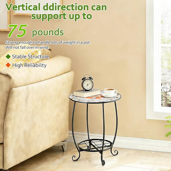 Arbuxzuy 12 Inch Small Outdoor Side Table with Colorful Flowers, Glass Mosaic Patio Table Indoor, Round Plant Coffee Table for Living Room, Balcony, Garden（Pink Flowers Style）