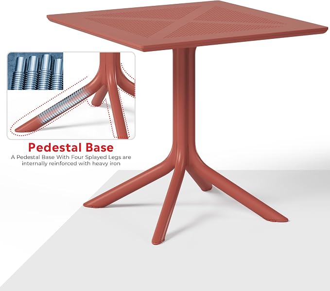 Costaelm Patio Dining Table for 4, Square PP Patio Table, 4-Person Weather Resistant Porch Tables for Outside Poolside Deck Lawn Garden Backyard, Red